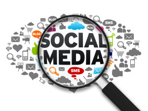 Magnified illustration with the word Social Media on white background.